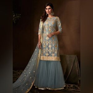 Lashkaraa Blue Gold Embroidered Sharara Suit Size Small